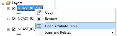 5) In the Table of Contents, right click on one of the layers that was just added and choose Open Attribute Table (Figure 3).