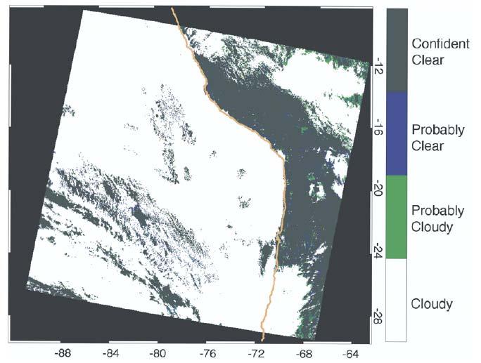 a cloud!) Figure 13.5 rue-color image (upper panel) of a granule of erra MODIS data from July 18, 2001, 1530 UC.