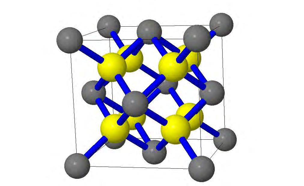 Figure 16 The unit cell of the fluorite (CaF 2 ) lattice. The grey ions are calcium ions and the yellow ions are fluoride ions. The blue bonds connect the ions that are in contact in the structure.