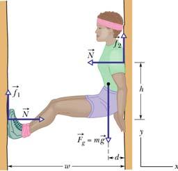 The coefficient of static friction between her shoes and the wall is µ 1 = 1.1, and between her shoulders and the wall it is µ 2 = 0.7.