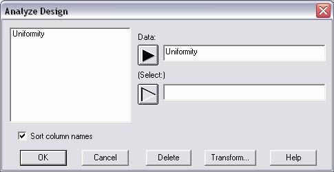 Figure 22: Analyze Design Data Input Dialog Box An analysis window will be created, containing several tables and graphs.