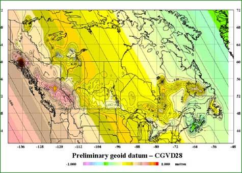 Figure 1: Differences in Heights of CGVD28 Compared to a Geoid Datum Use The new datum will be accessible directly through space-based positioning tools (e.g. GPS), as well as through monument networks including the federal and provincial Active Control Points (ACP), the Canadian Base Network (CBN), and the provincial High Precision Network (HPN).