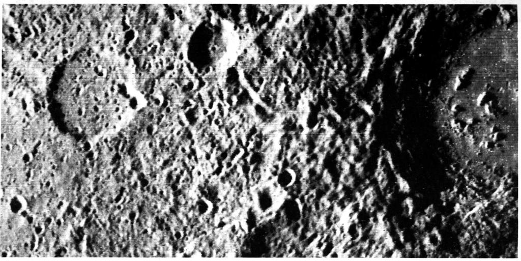 Cratered terrain very similar to that on the Moon is portrayed in this TV photo of Mercury taken by Mariner 10 on 29 March from a range of 31,100 kilometers (19,300 miles).