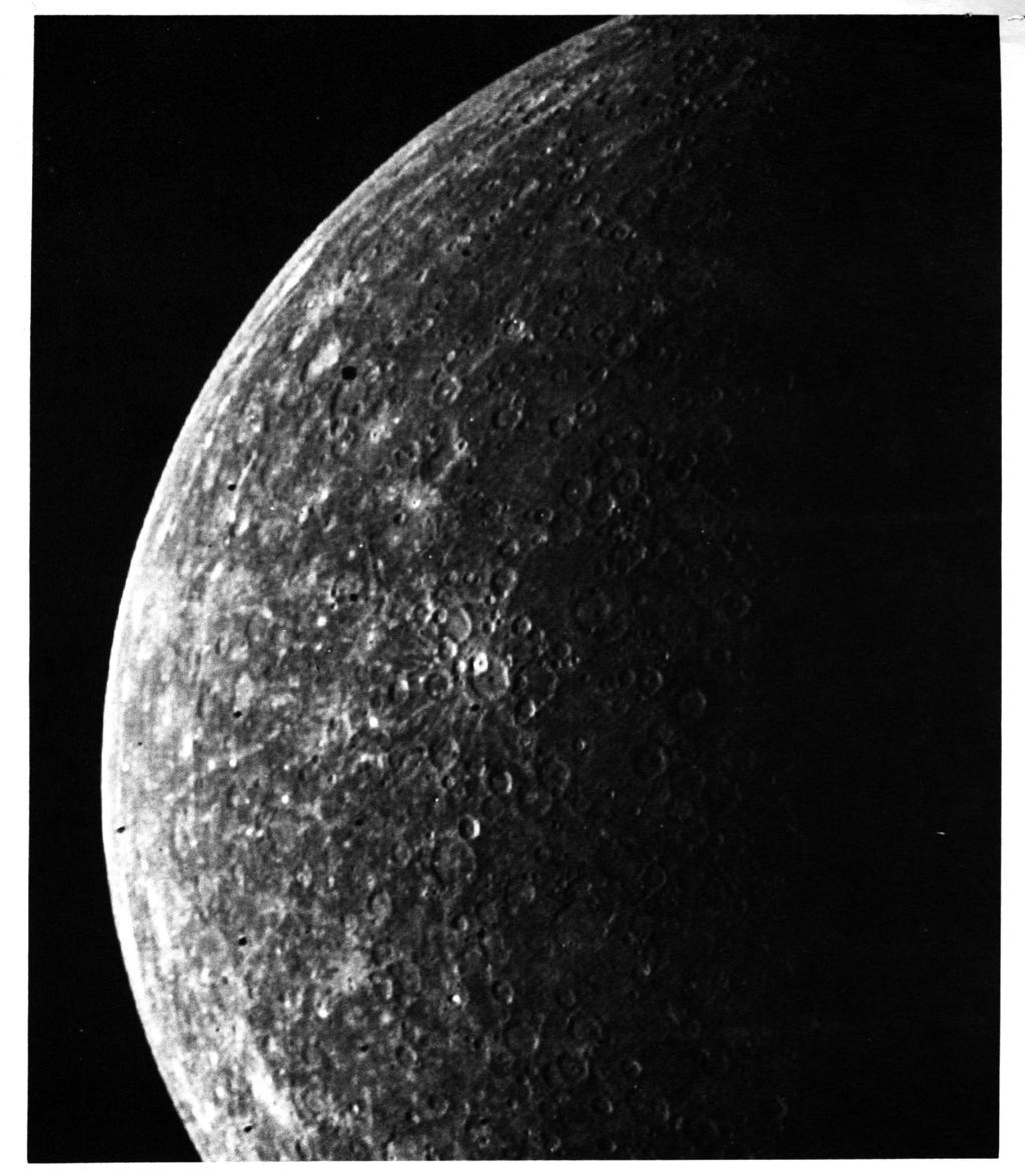 This heavily-cratered area of the planet Mercury closely resembles the bright highlands of Earth's moon. Mariner 10 took this picture at about 3:30 a.m. PDT on March 29 from a distance of about 400,000 kilometers (240,000 miles).