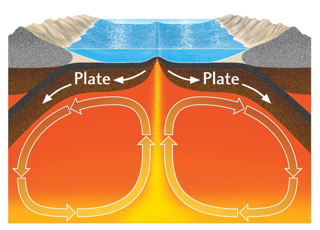 mid-ocean ridges Old material is subducted back into the mantle at continental margins