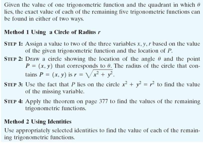 5. Find the Eact Values of the Trigonometric Functions of an Angle Given One