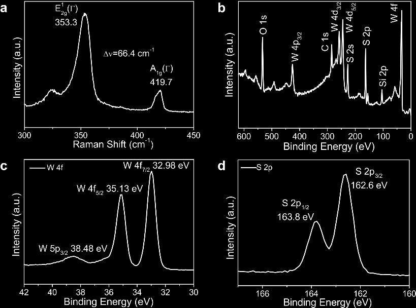 Figure S. (a) aman spectrum of the as-synthesized WS film. WS characteristic aman peaks of the E 1 g and A 1g phonon modes locates at 353.3 and 419.7 cm -1, respectively.