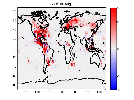 moderately polluted atmosphere than in clean air. Fig. 4. Difference between lightning observed on polluted (0.2<AOD<0.4) and clean (0<AOD<0.14) days for the four seasons of 2012 [flashes/deg 2 /hr].