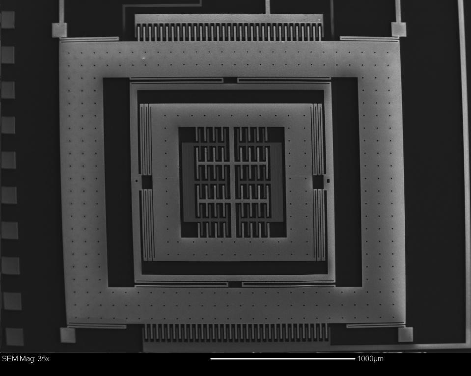 Double-Folded Flexures Triple-Folded Flexures Parallel Plate Sensors Decoupling Frame Proof Mass Comb Drive Actuator y x Figure 4-14 SEM image of an electrostatically-actuated MetalMUMPS gyroscope