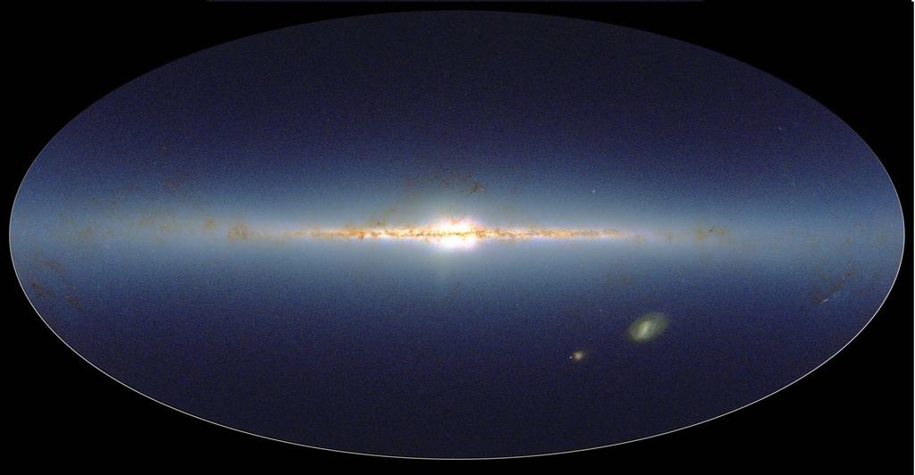 The Milky Way, photographed in infrared radiation by the UMass 2 micron all-sky survey. In infrared light that penetrates dust clouds, our galaxy looks really flat.