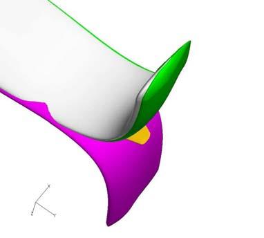 Figure -1: Example of the upwind pointing winglets (green and white) and downwind pointing winglet (purple) compared to the original blade (orange) and the rectangular tip (dashed line).