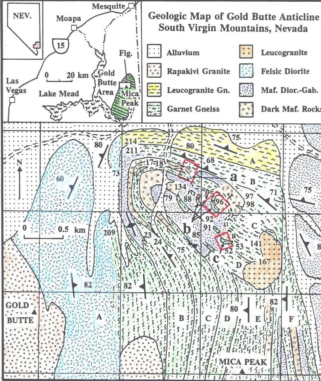 Fig. 1. Location of Precambrian Gold Butte area, Nevada, and geologic map of Gold Butte anticline. Mine symbol locates vermiculite mine.