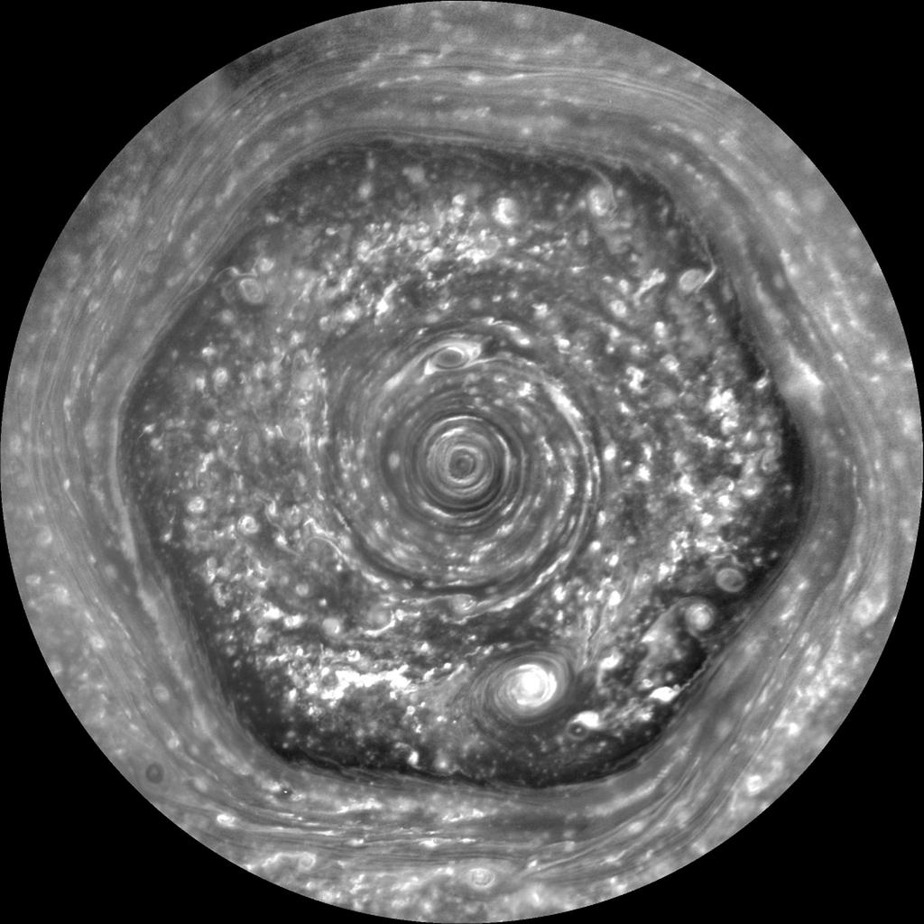 The Cassini spacecraft discovered this hexagonal jet stream pattern,
