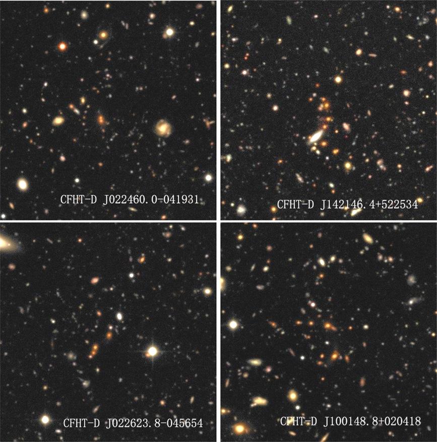 Figure 2. Examples for clusters in the CFHT deep field identified only from data of Ilbert et al. (2006) (upper) and only from data of Coupon et al. (2009) (bottom).