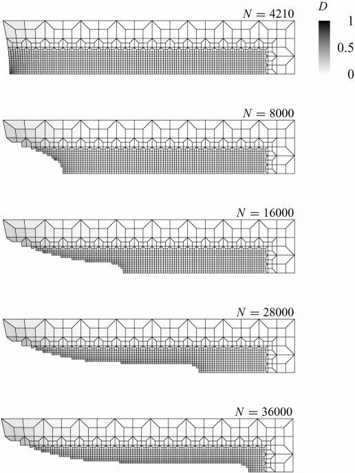 GRADIENT-ENHANCED DAMAGE MODELLING OF HIGH-CYCLE FATIGUE 1565 Figure 7. Damage and crack growth at the notch tip in the h =0:005 mm mesh.