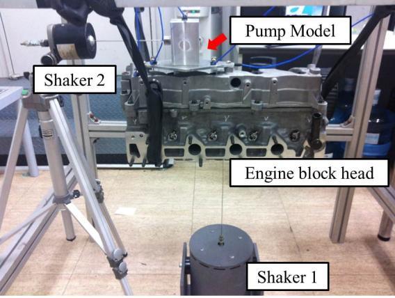 forces of the two shakers propagated to the top of the pump model through the engine and the middle of the pump model, as shown in the Fig. 4. Figure 4.