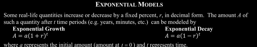 A l g e b r a U n i t - Eponential Functions LESSON 9: EXPONENTIAL MODELING WITH PERCENT RATE GROWTH AND DECAY Eponential functions are ver important in modeling a variet of real world phenomena
