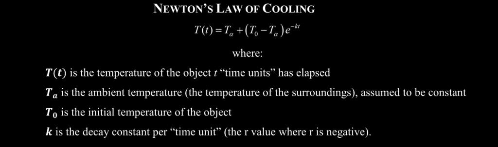 A l g e b r a U n i t 4 - Logarithmic Functions LESSON 7: NEWTON'S LAW OF COOLING AND EXPONENTIAL FORMULA REVIEW NEWTON S LAW OF COOLING where: T(t) is the temperature of the object t time units has
