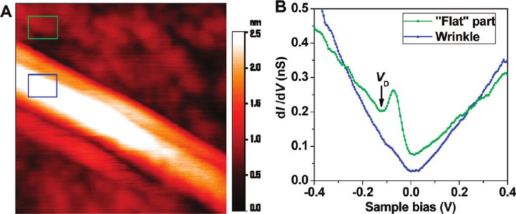 Figure 4. Scanning tunneling spectroscopy study of a graphene wrinkle. (A) Constant-current STM topograph (50 nm 50 nm) of the wrinkle (V ) 0.5 V, I ) 0.1 na). The largest height is 3 nm.