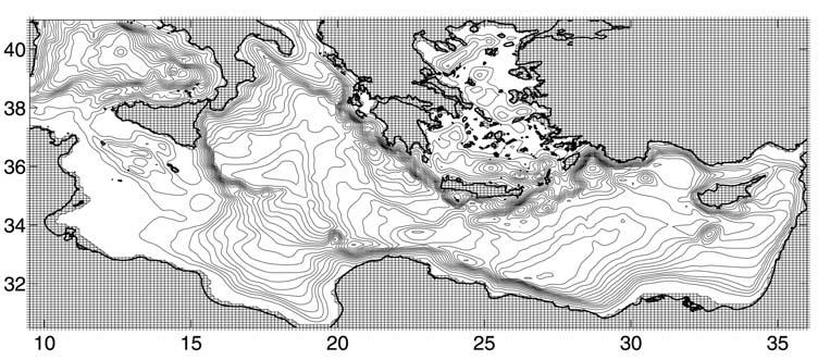 NITTIS ET AL.: DENSE WATER FORMATION IN THE AEGEAN SEA PBE 21-3 Figure 1. Model grid and corresponding topography (contour interval 200 m).