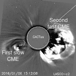 The second CME (intense feature on the right in the image above) left the Sun at a later time than the first CME (more