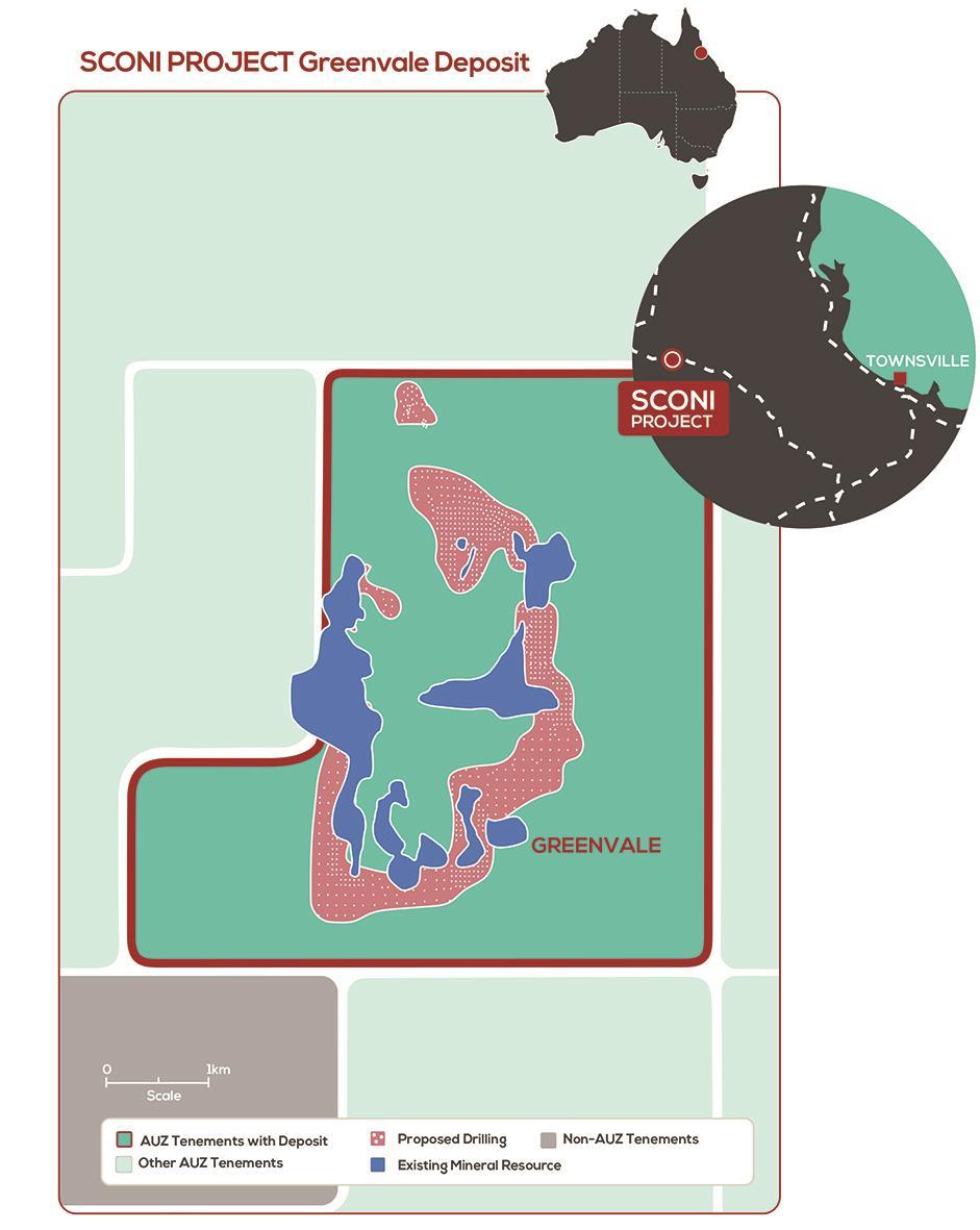 Figure 2: The Greenvale deposit - one of three deposit that comprise Australian Mines Sconi Project. Areas of the proposed Mineral Resource expansion drilling are shaded in red.