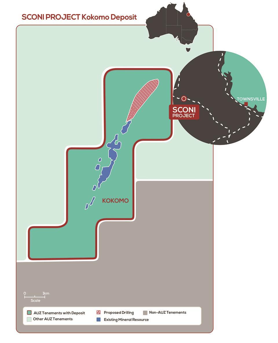 Figure 4: The Kokomo deposit the third of the deposits that comprise Australian Mines Sconi Project. Areas of the proposed Mineral Resource expansion drilling are shaded in red.