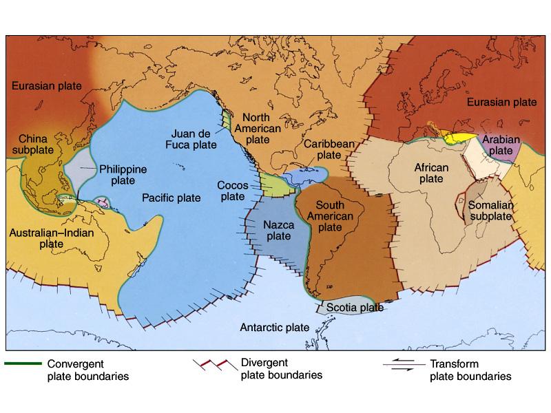 Seven major tectonic plates outlined by