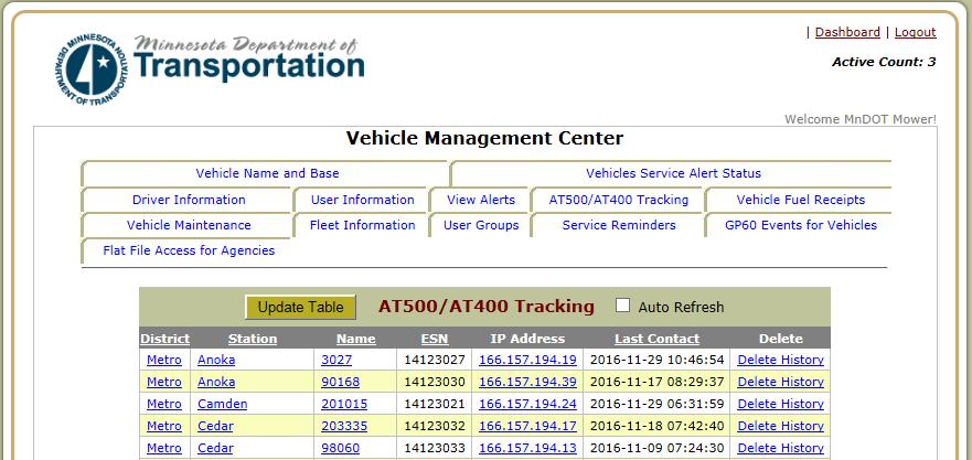 This screen shows the vehicle s name/number, homebase, aircard information, and last contact.