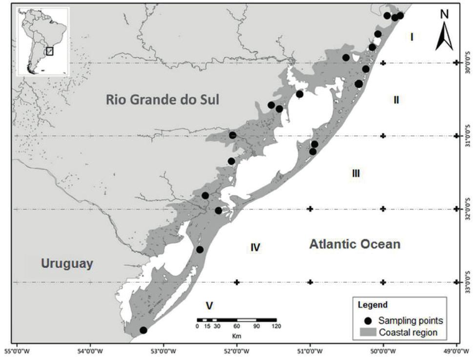 Distribution patterns of ferns and lycophytes in the Coastal Region of the state of Rio Grande do Sul, Brazil December 2014 in 19 municipalities (Fig. 1).