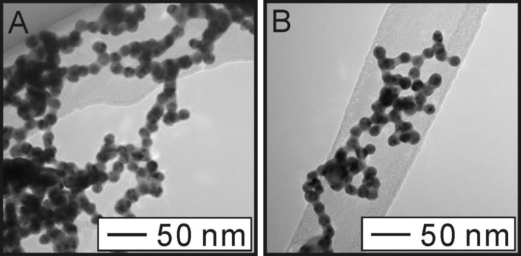 Figure 6. TEM images of Au@Ag NPs for CaCl2 (A) and HCl (B) after 24 hours when the Cl /NP concentration ratio is 2.1 106. 3.2.5 Assessment of the Au@Ag NP structure after CaCl2 and HCl exposure.