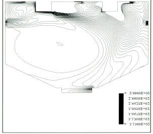 The K-E turbulence model predicted the flow patted fairly well (Figure 9). The isotherms showed a cool zone of 27 C on the left and a warm zone of 37 C on the right.