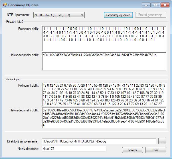 Ostvarenje NTRU kriptosustava korisnik. Javni ključ se pohranjuje u datoteku s ekstenzijom *.npu, a privatni ključ s ekstenzijom *.npr. Primjeri zapisa ključeva u datotekama nalaze se u dodatku B.