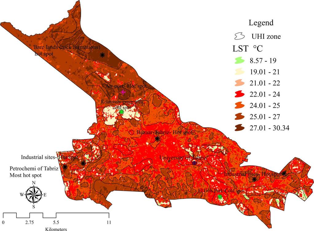 FEIZIZADEH AND BLASCHKE: EXAMINING URBAN HEAT ISLAND RELATIONS TO LAND USE AND AIR POLLUTION 1751 Fig. 1. Spatial distribution of the derived LST and the identified UHI zones in Tabriz city.