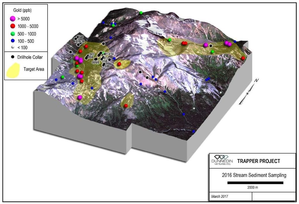Trapper Gold in Concentrates 3D Map showing gold results in stream