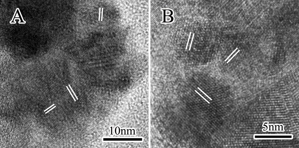 Figure S2. (A) and (B) are high-resolution TEM images of two different CdS nanoclusters on a single NaYF 4 :Yb,Tm@C@CdS NP.