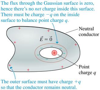 Conductors in Electrostatic Equilibrium The figure shows a charge q inside a hole within a neutral conductor.