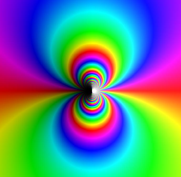 Image 15, = This serves as a classic example of an essential singularity at the origin. Notice how every single color appears very many (in fact, infinitely many) times as we approach the origin.