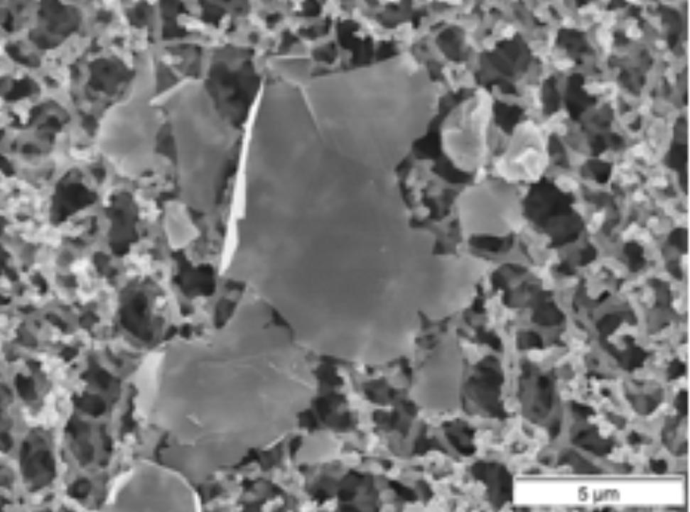 Fig. 3. Compressive strength of rigid PUR/PIR foam with varying concentrations and sizes of GnP. Fig. 1. Scanning electron microscopy (SEM) image of a graphene nanoplatelet on filter paper.