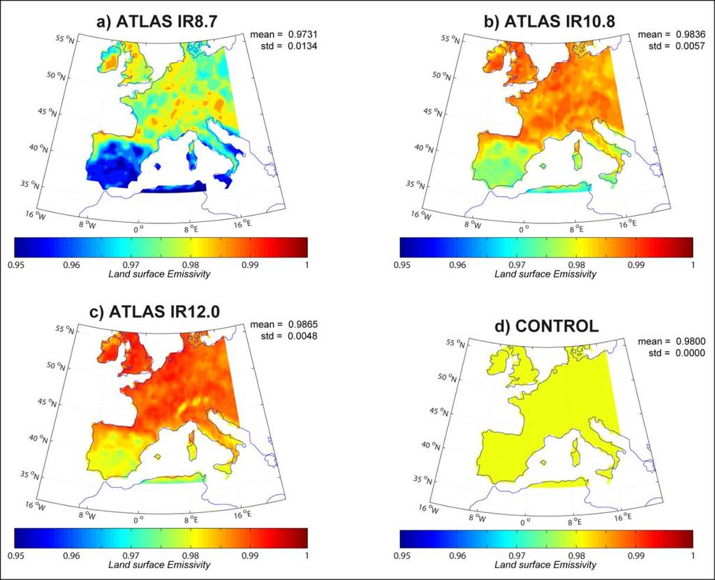 1. estimation over Europe Daily LSE-SAF data have been averaged to produce an atlas for each windows channels Maps of Land Surface Emissivity (LSE) atlases estimated at 3 SEVIRI channels LSE-SAF IR8.