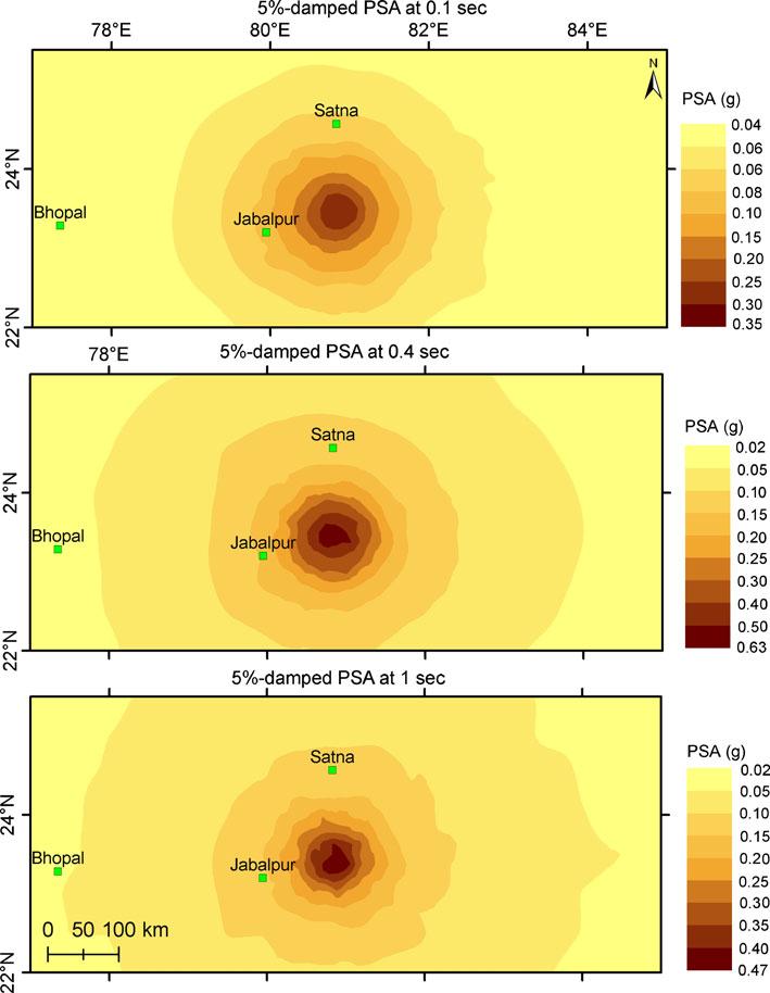 844 P Sengupta Figure 6. Spatial distributions of absolute 5%-damped Pseudo-Spectral Acceleration (PSA) at 0.1, 0.4 and 1 s, respectively due to the maximum earthquake of M W 7.1. versus distance plot given in figure 4(b).