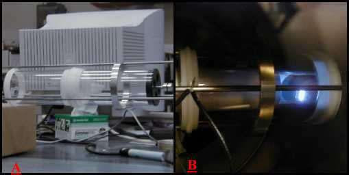 Figure 5-5 Guide support rods: The left image shows a short tube ready to be coated; it is the section between white Delrin rings that ride on the support rods.