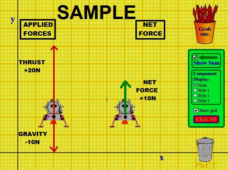 Complete the diagrams and questions below using the NET force simulation Simulation 1: Spacecraft Hovering / Balanced Forces The lunar lander is pictured as it hovers above the ground.