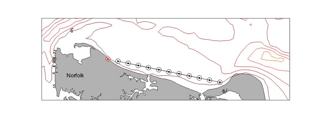Figure 8. Current speed and direction at location of interest to search and rescue. Figure 6. Alongshore currents off the beaches of Norfolk and Virginia Beach.