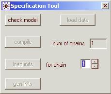 Specification Tool Window check model: checks the syntax of your code. load data: loads data from same or other file. num of chains: sets number of parallel chains to run.
