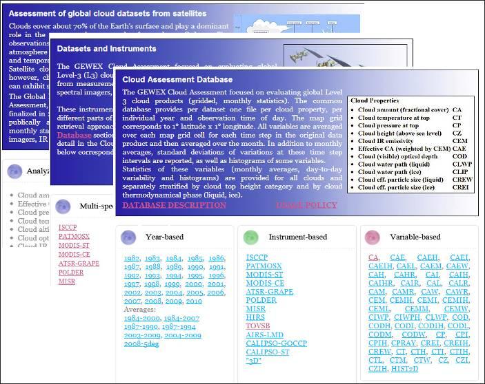 GEWEX Cloud Assessment Web-site Interprétation des propriétés nuageuses General sections: description, meetings, publications, etc Datasets : provides individual