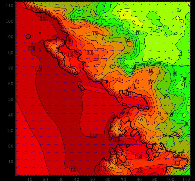 998 (about 2m above ground) at 04 UTC. Red colours indicate areas where water vapour mixing ratio is higher with the lakes than without them.