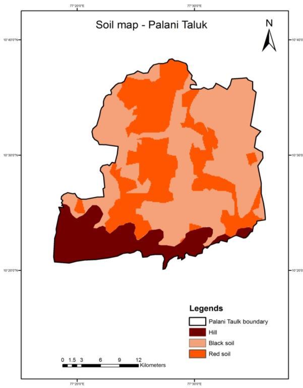 Remote Sensing and GIS Based Approach for Delineation of Artificial Recharge Sites in Palani Taluk, Dindigul District, Tamilnadu, India Figure 8 Slope map of Palani Taluk Figure 9 Soil map of Palani