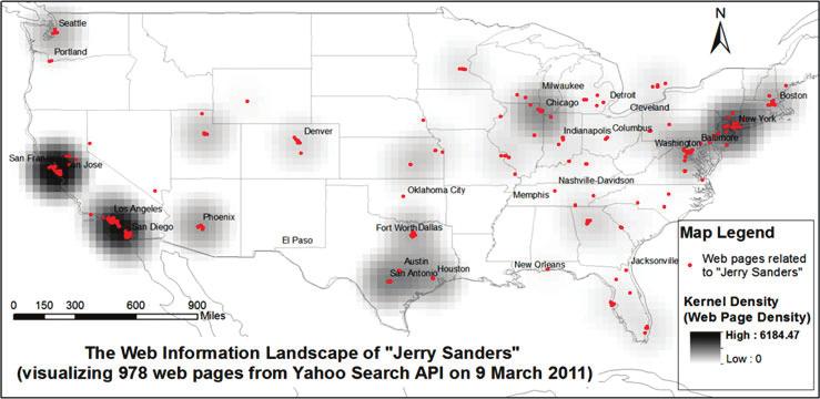 326 M.-H. Tsou et al. Figure 4. Creating a web information landscape (using kernel density method based upon the modified web page ranks) for the Jerry Sanders search result web pages (red dots).