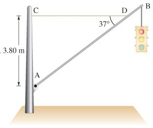 PHYS 185 Second Exam, Page 5 of 6 December 4, 2012 8. (15 points) A traffic light hangs from a pole as shown in the figure. The uniform aluminum pole AB is 7.20 m long and has a mass of 11.0 kg.